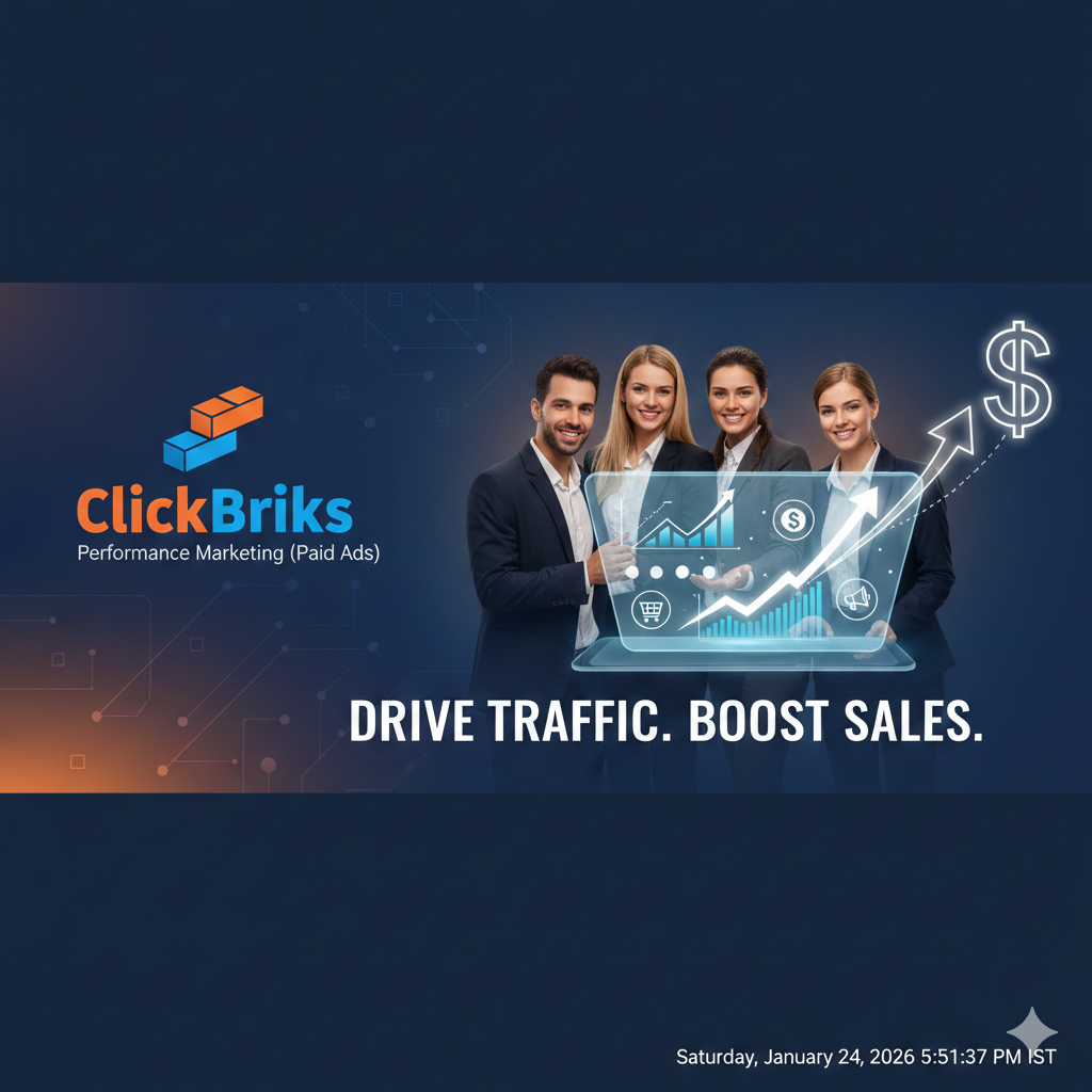 ClickBriks social media and brand marketing banner illustrating content creation, audience engagement, and digital growth through analytics and storytelling.