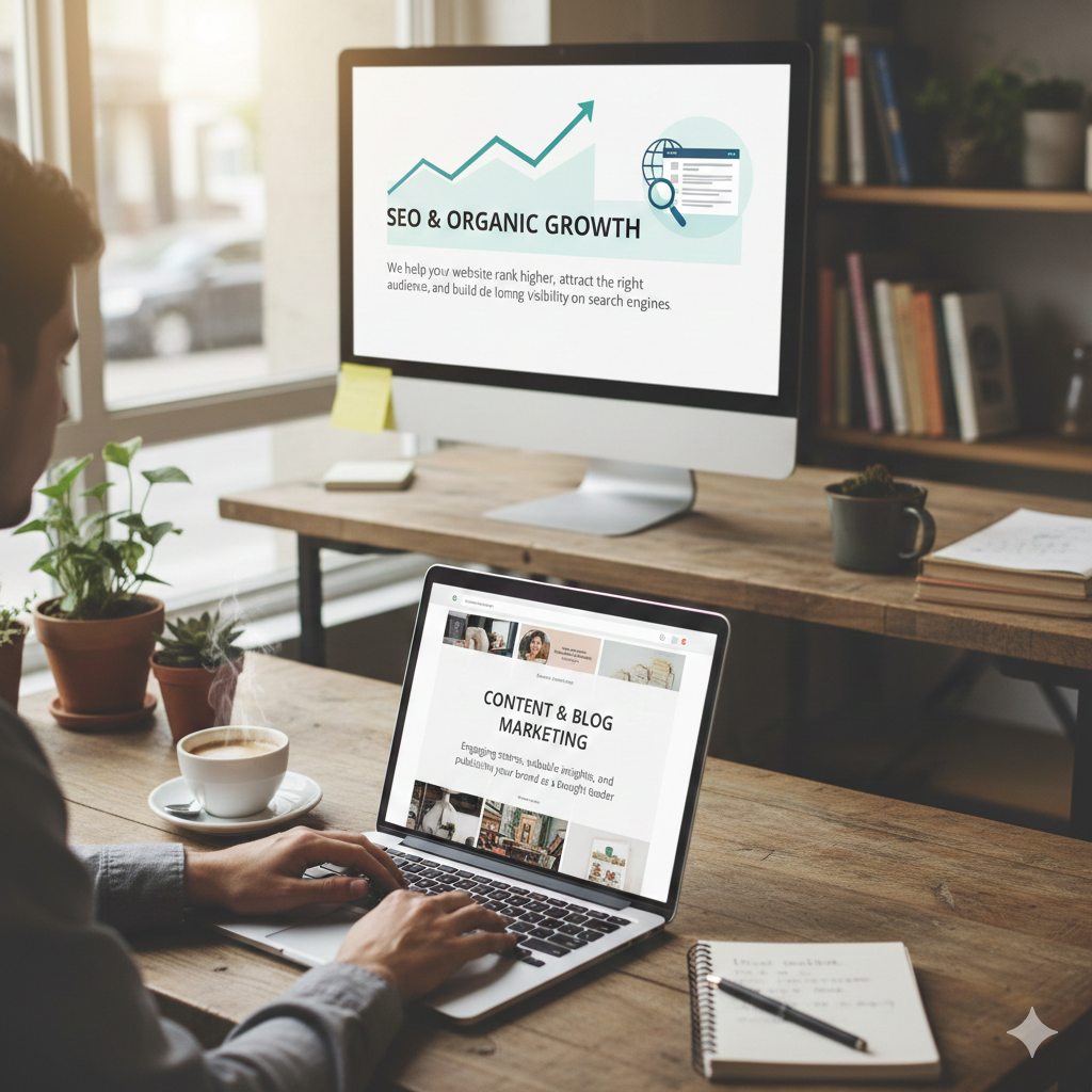 Growth and optimization concept illustration showing gears with an upward arrow representing digital marketing performance and business growth.